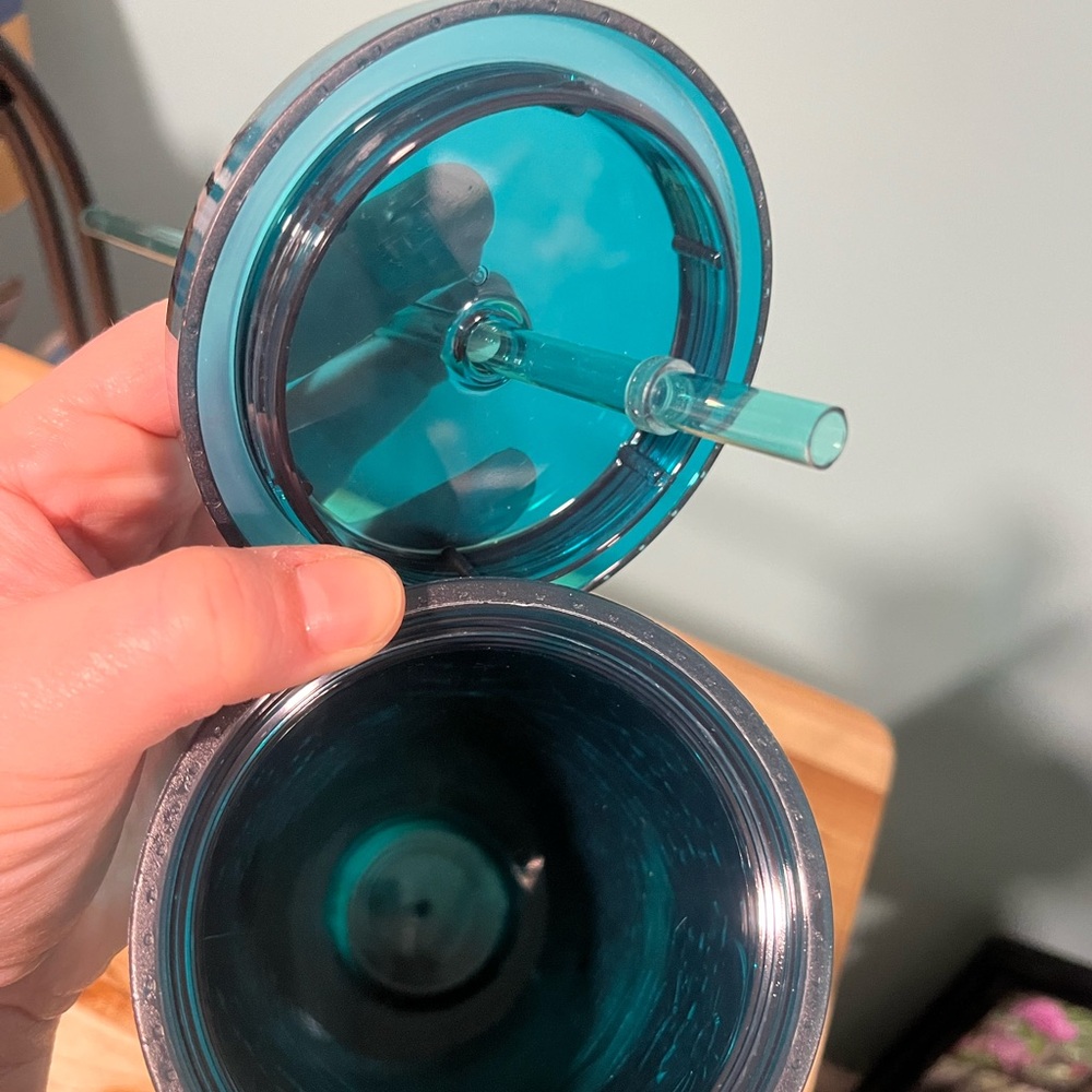 Starbucks Embossed Tin Floral Metallic Foil Teal Blue Cold Cup 24oz Tumbler 2017 - Picture 3 of 4